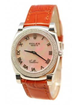 Rolex Cellini Cestello Ladies Swiss Watch Beige Pearl Roman Face Leather Strap Diamonds Bezel