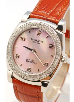 Rolex Cellini Cestello Ladies Swiss Watch Pink Pearl Face Leather Strap Diamonds Bezel