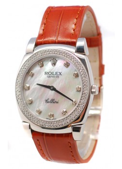 Rolex Cellini Cestello Ladies Swiss Watch White Pearl Face Leather Strap Diamonds Bezel and Hours Markers