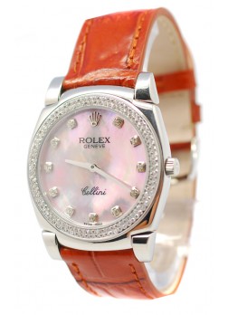 Rolex Cellini Cestello Ladies Swiss Watch Pink Pearl Leather Strap Diamonds Bezel and Hours Markers