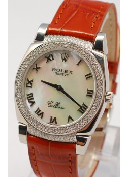 Rolex Cellini Cestello Ladies Swiss Watch Roman White Pearl Face Leather Strap Diamonds Bezel and Lugs