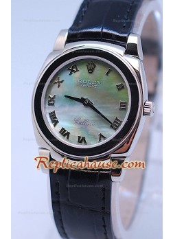 Rolex Cellini Cestello Ladies Swiss Watch Green Pearl Face Leather Strap
