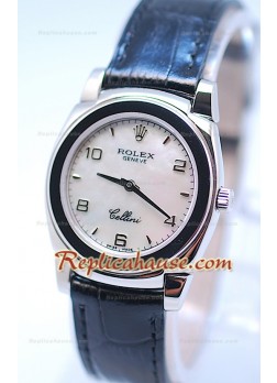 Rolex Cellini Cestello Ladies Swiss Watch White Pearl Face Leather Strap