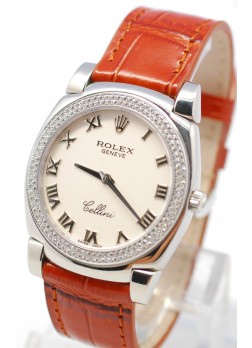Rolex Cellini Cestello Ladies Swiss Watch White Roman Face Leather Strap Diamonds Bezel