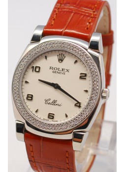 Rolex Cellini Cestello Ladies Swiss Watch White Face Leather Strap Diamonds Bezel