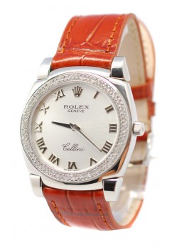 Rolex Cellini Cestello Ladies Swiss Watch Roman Silver Face Leather Strap Diamonds Bezel
