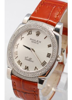 Rolex Cellini Cestello Ladies Swiss Watch Silver Face Leather Strap Diamonds Bezel and Lugs